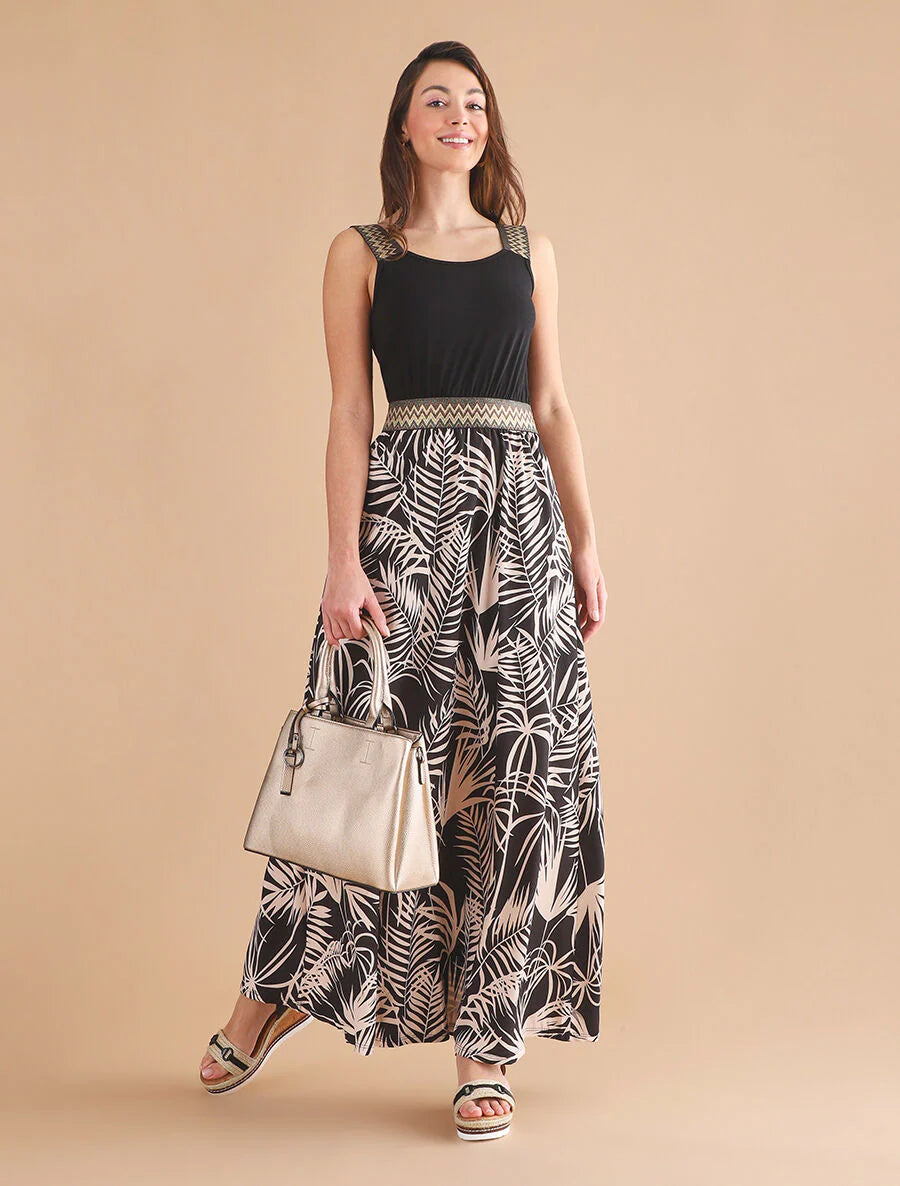 Robe longue à bretelles imprimé plantes tropicales - Marine