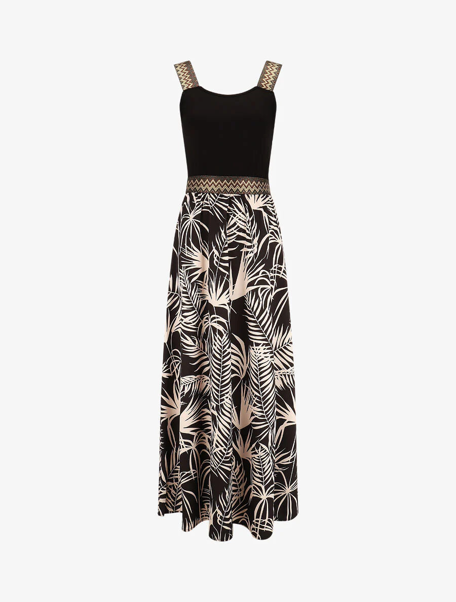 Robe longue à bretelles imprimé plantes tropicales - Marine