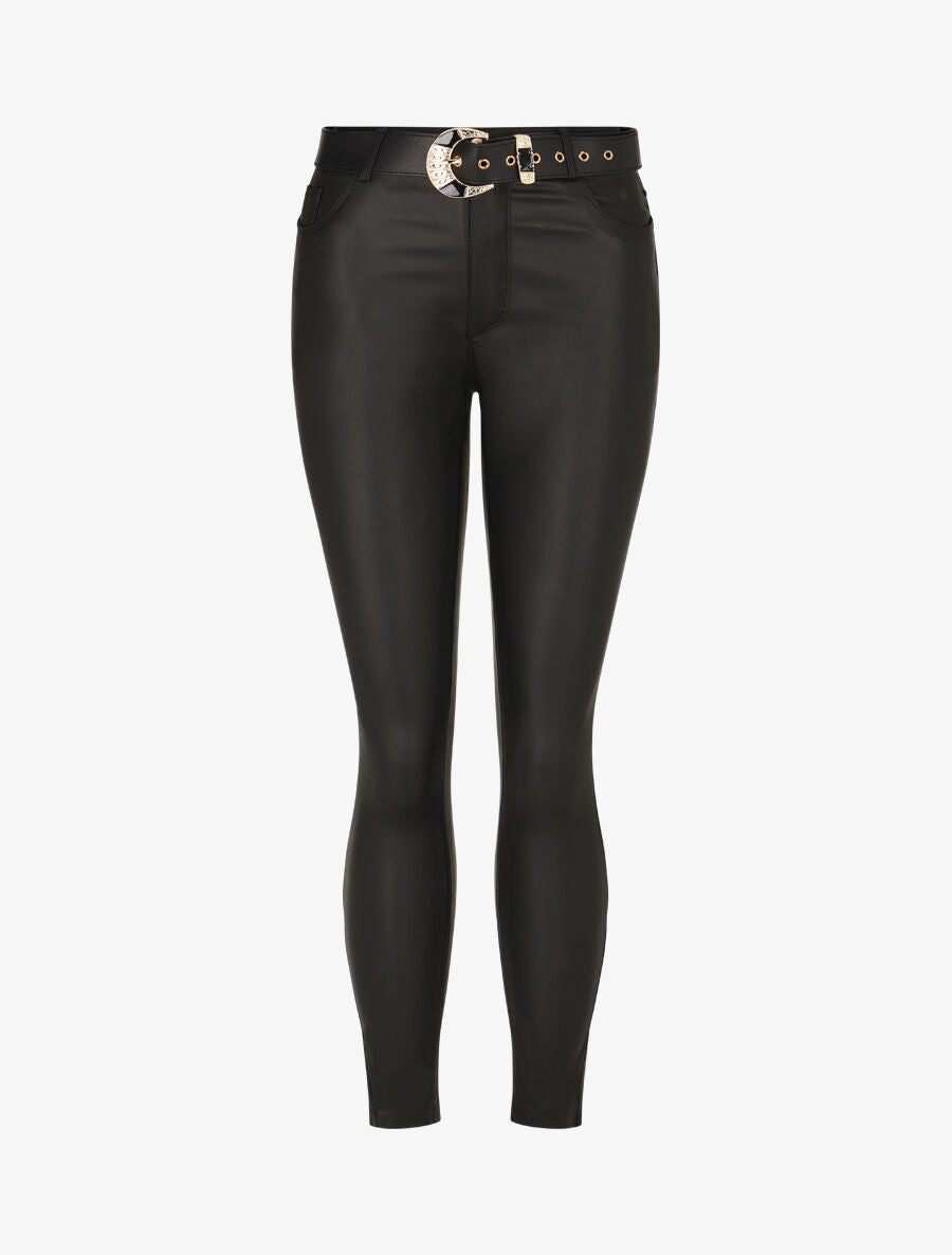 Pantalones lisos de imitación con cinturón - Negro