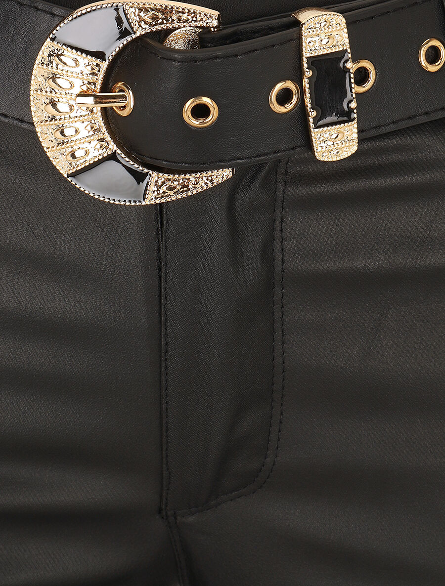 Pantalones lisos de imitación con cinturón - Negro