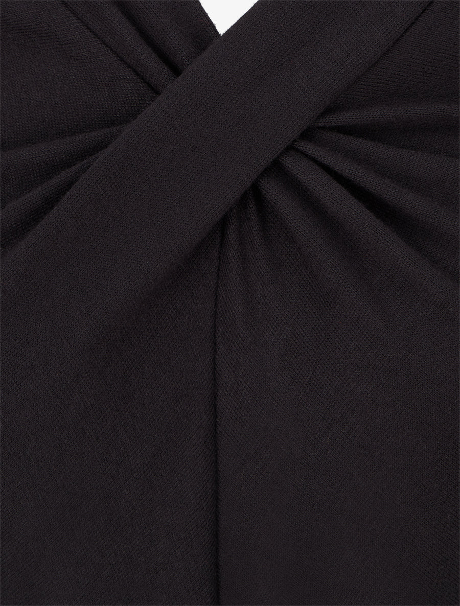 Vestido de dos materiales con cuello en V fruncido - Negro