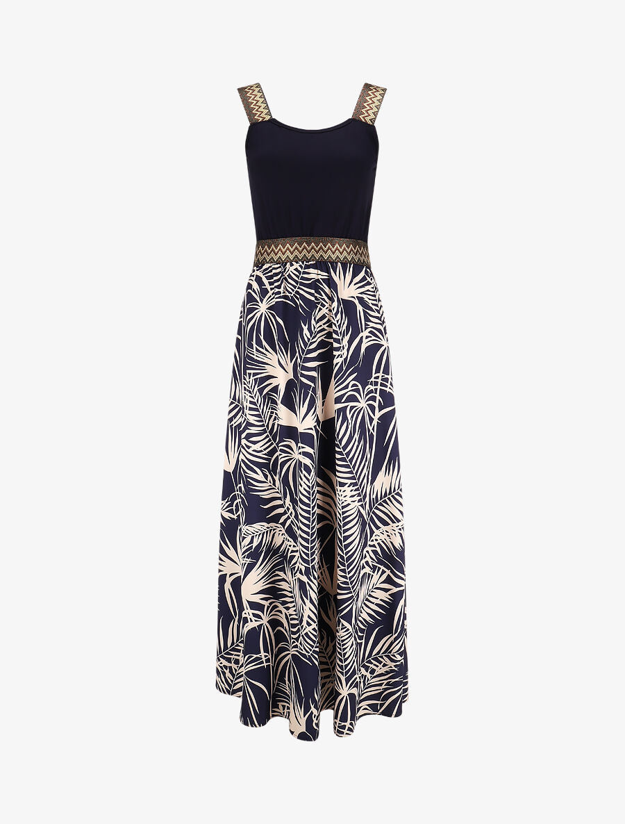 Robe longue à bretelles imprimé plantes tropicales - Marine